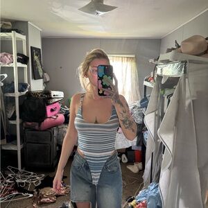 Fashion Nova White and Blue Sleeveless Crop Bodysuit